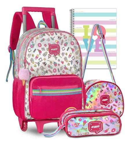 Kit Mochila e Estojo Escolar de Rodinha Infantil Menina Gatinho