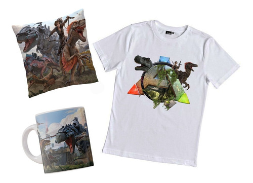 Remera Ark Dinosaurios Combo Con Taza Y Almohada