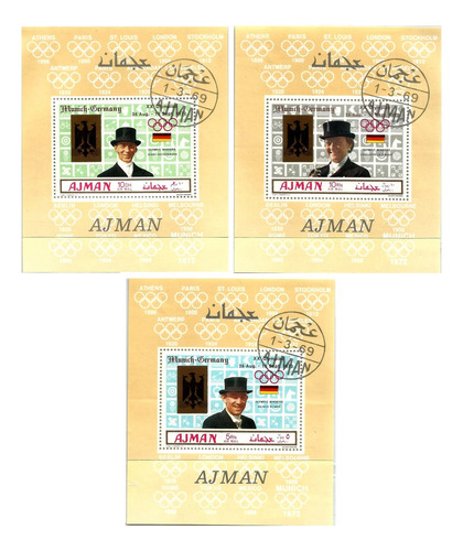 S1531 Ajman State Emirados 1969 3 Blocos Olimpíadas 1972