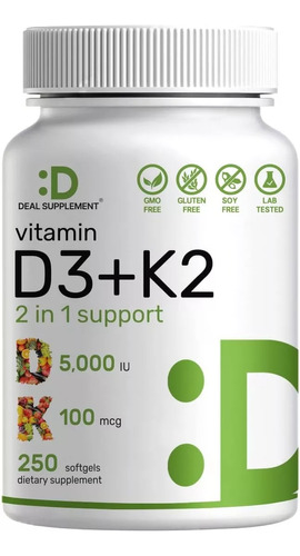 Vitamina D3 K2 5000 Ui 100mcg Colecalciferol Menaquinona 250