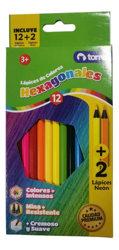 Lápices 12 Colores Hexagonales + 2 Neón Torre