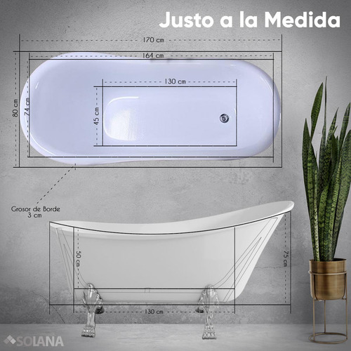 Solana Kit Bañera Estilo Vintage 170x80x75 Cm De Acrilico Solido Blanco Con Grifo Independiente Cuello Cisne Color Plata / Bañera Ovalada Slim Blanca Con Patas De Acero