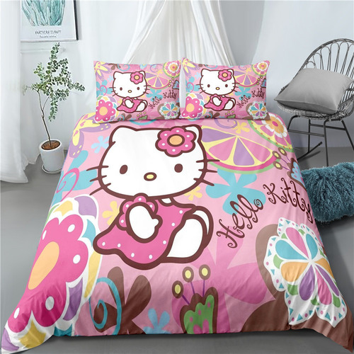 Juego De Cama Hello Kitty De Dibujos Animados Rosa, Tamaño D