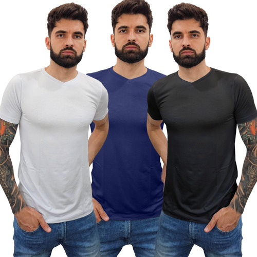 3 Camisas Decote Gola V Rasa Camiseta Slim Viscolycra Zhoe