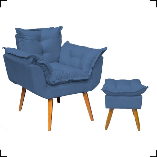 Kit Poltrona Opala Para Sala Confortável + Puff Decorativo Cor Azul-marinho Desenho Do Tecido Suede