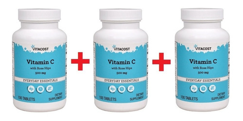 3x Vitamina C 500mg C/ Rose Hips 100 Tabl Vitacost Importado