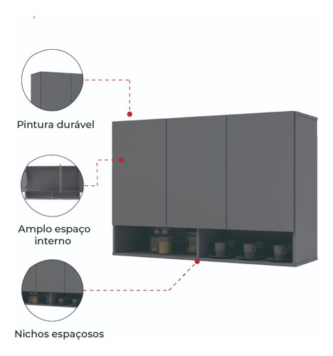 Mueble colgante para dormitorio 0.90 Milan, 3 puertas, color grafito