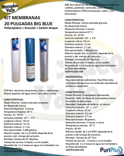 Kit X4 Membranas Cartuchos 20 Pulgadas Big Blue Filtro Agua