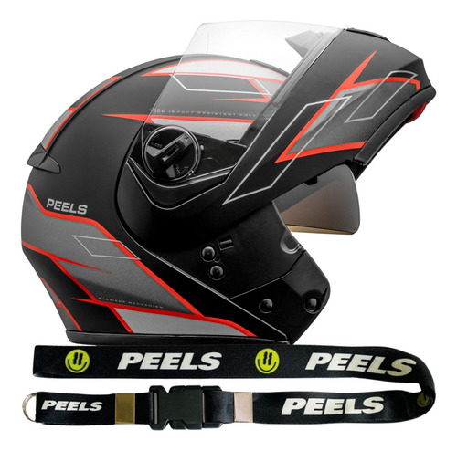 Capacete Peels Oculos Interno Solar U-rb2 Podium Escamoteavel Preto Fosco Vermelho Tamanho Capacete 62