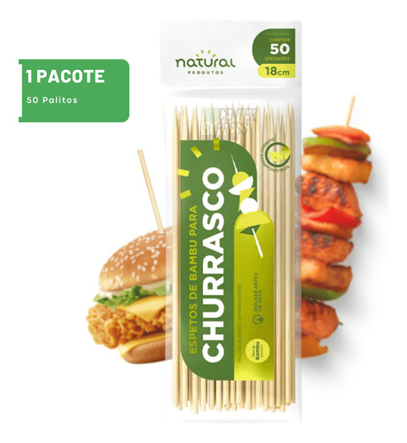 Palito Espetinho Bambu P/ Churrasco E Hamburguer 50un 18cm