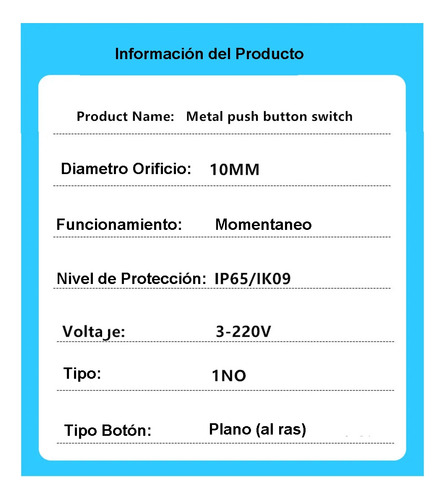 Push Boton Cabeza Plana Metalico Switch Momentaneo 10mm Ip65