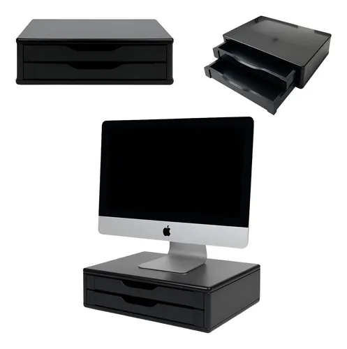 Suporte Para Monitor Mesa 2 Gavetas Ergonômico Black Piano