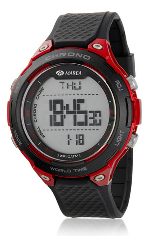 Reloj Digital Marea Watch B44107 Deportivo Sumergible Correa Negro Bisel Rojo Fondo Gris