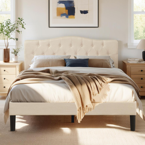 Base De Cama Queen Con Cabecera Tapizada Color Beige