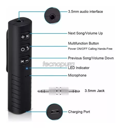 Adaptador receptor de audio Bluetooth a cable 3.5mm Jack - Tecnopura