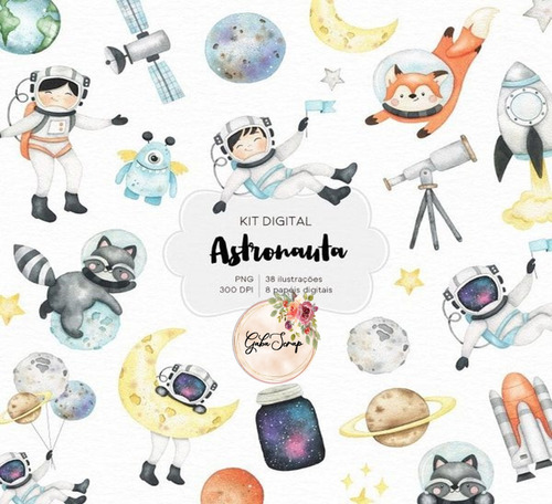 Kit Imprimible, Digital, Clipart + Paples, Astronauta 12