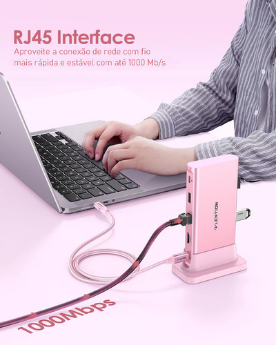 Adaptador Hub Usb C P Lention Dockstation 9 Em 1 4khdmi 3*usb3.0 100w Carregamento Rápido Rj45 Cor Rosa