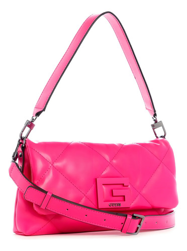 Bolsa Guess Brightside Shoulder Bag Qm758019-ckp Acabado De Los Herrajes Niquel Color Rosa Chicle Color De La Correa De Hombro Rosa Diseño De La Tela Rayado