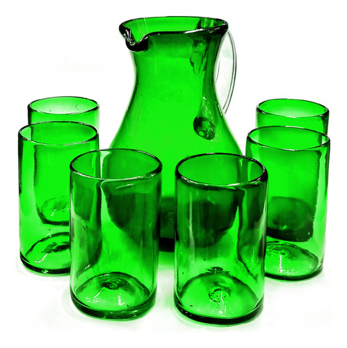 Set Jarra Pera 6 Vasos Agua De Color Sólido Y Asa Cristal
