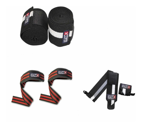 Vendas Para Rodillas + Straps + Muñequeras Econ Pack Gym Usa