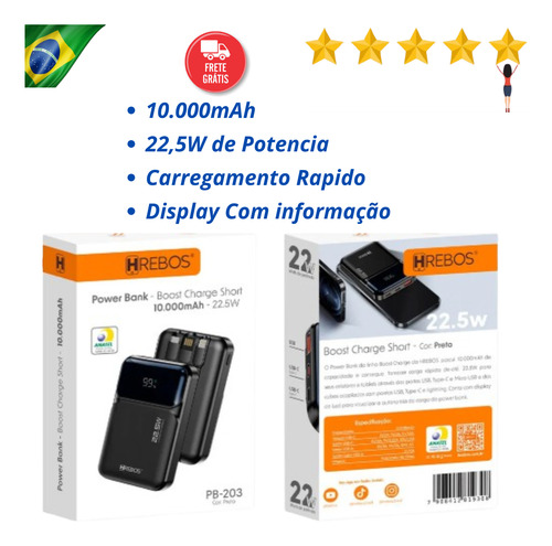 Power Bank 10.000mah 22.5w V8 Tipo C Lightning Cor Preto