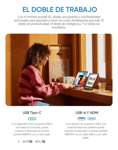 Arzopa Monitor Portátil 15.6'' Fhd 1080p - Monitor Portátil