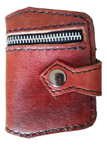 Billetera Artesanal De Cuero Color Marron Con Interior Negro