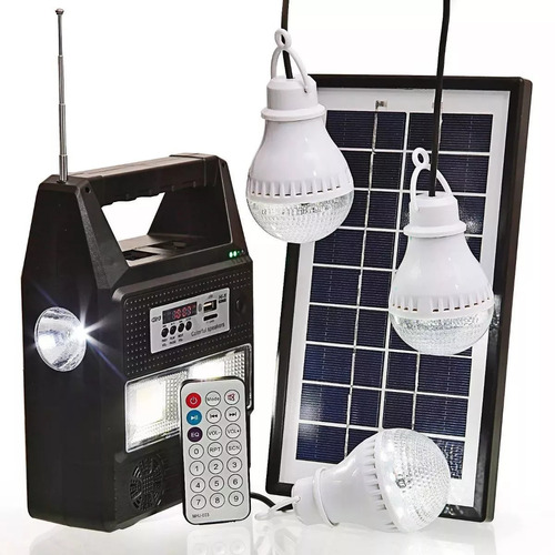 Luminaria Solar De Led Com Rádio Fm Recarregavel 3 Lâmpadas Cor Preto 110V/220V