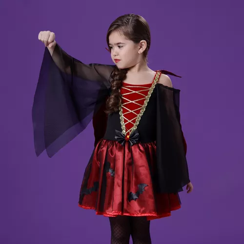 Fantasia Vampiro Feminina Infantil Luxo Com Capa Removível