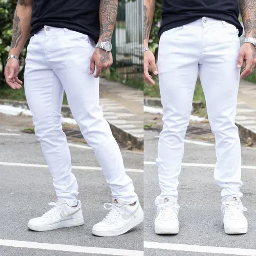 Cal a Jeans Masculina Branca N o Transparente Acabamento Top