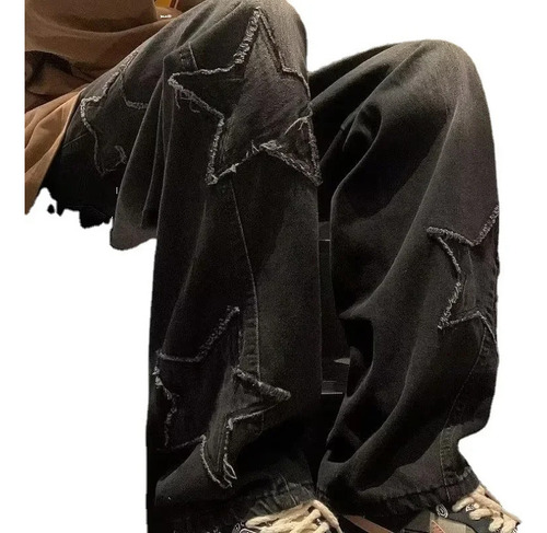Tk Calça Jeans Larga Com Corte Solto E Estampa