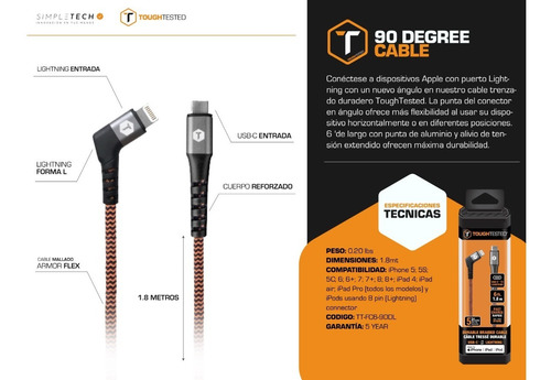 Imagen 3 de 5 de Cable Cargador Compatible iPhone - Tipo C Toughtested 1.8m