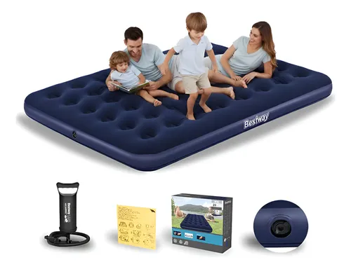 Colchão Camping Casal Inflável 300kg + Bomba De Ar Bestway Cor Az...