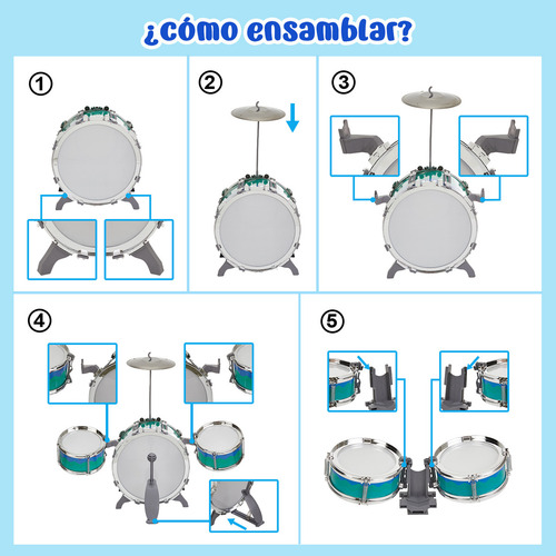 Batería Musical de Juguete Rovtop Toddler Drum Set Azul, Batería Niños Banco Baquetas Platillo Bombo Musicales Toygagade, 5 Tambor