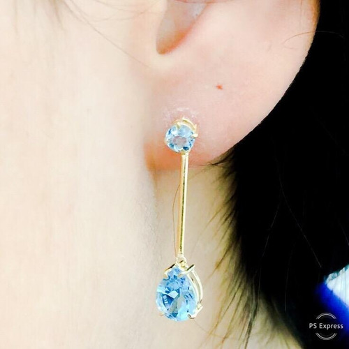 Imagem 3 de 4 de Brinco Gravatinha Pedra Natural Topázio Azul 4mm E 6x8mm