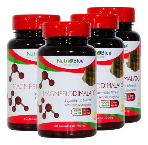 Magnesio Dimalato 700mg 60 Cápsulas Nutriblue Kit X4