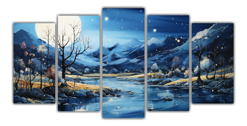 200x100cm Cuadro Acuarela Montaña Luna Paisaje Flores