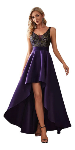 Vestido Elegante Largo Fiesta Morado Uva High Low Lentejuela