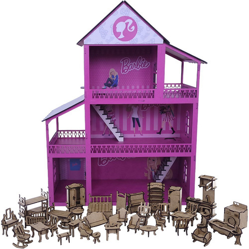 Casinha De Boneca Barbie Mdf Pintada Adesivada + 43 Móveis 