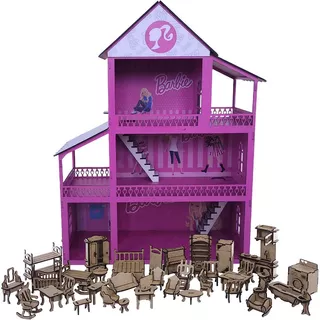 Casinha De Boneca Barbie Mdf Pintada Adesivada + 43 Móveis