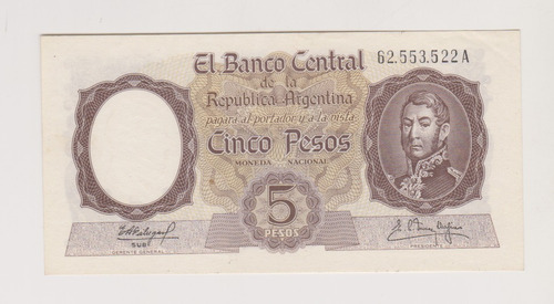 Billete Argentina 5 $ Bottero 1924 Año 1961 Excelente 