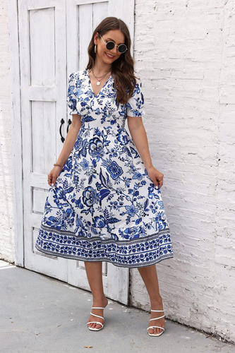 Vestido Largo De Mujer Con Estampado Floral En Cuello En V