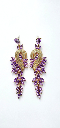 Aros Pendientes Largos Con Bellos Cristales Lilas Y Circones