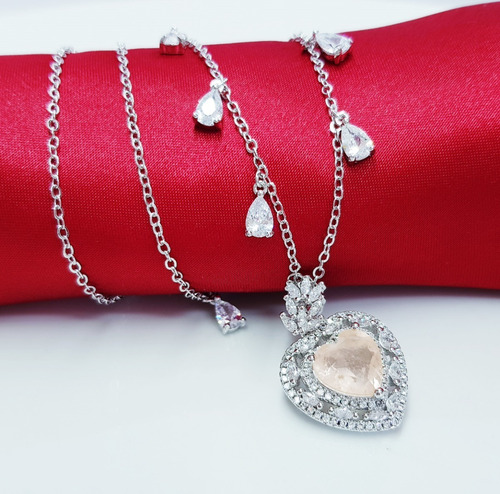 Imagem 5 de 6 de Colar Feminino Zirconia Coração Rosa Banhado A Ouro
