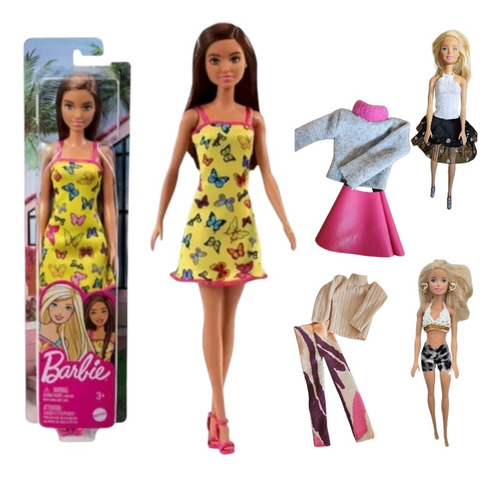 Muñeca Barbie Original Mattel + 4 Conjuntos De Ropa Surtidos