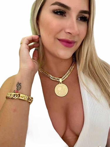 Kit Feminino Cordao Pulseira Pingen Grumet 13mm Banhado Ouro