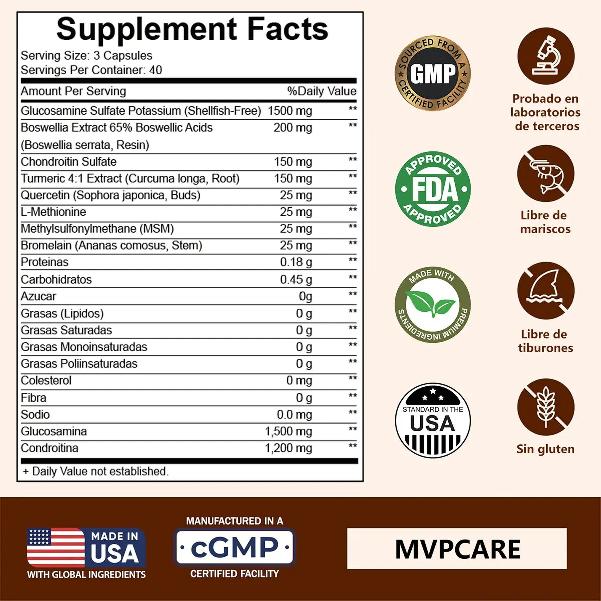 Glucosamina y Condroitina MVPCARE con MSM, Curcumina y Quercetina para Articulaciones y Huesos – 120 Cápsulas