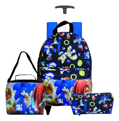 Mochila Infantil Escolar Sonic Rodinhas Grande Meninos G Cor Preto Desenho Do Tecido Sonic