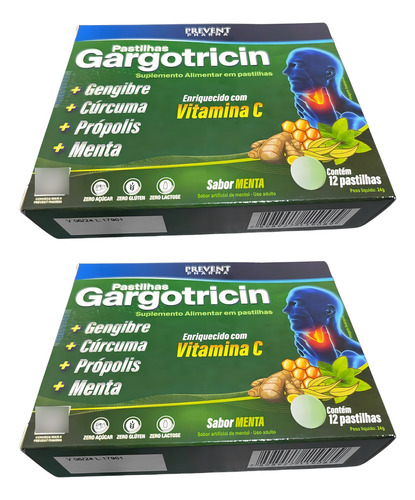2 x Gargotricin 12 Pastilhas Menta + Vit C Prevent Pharma