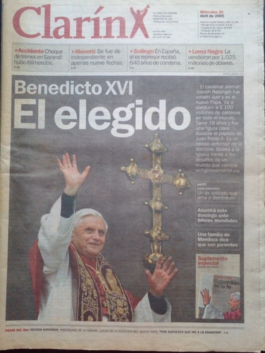 Clarín Elección Papa Benedicto 20/4/2005 Con Suplemento Esp.